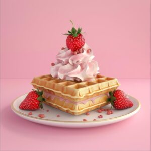 [freepicdownloader.com]-waffles-with-strawberries-cream-pink-background-3d-rendering-normal